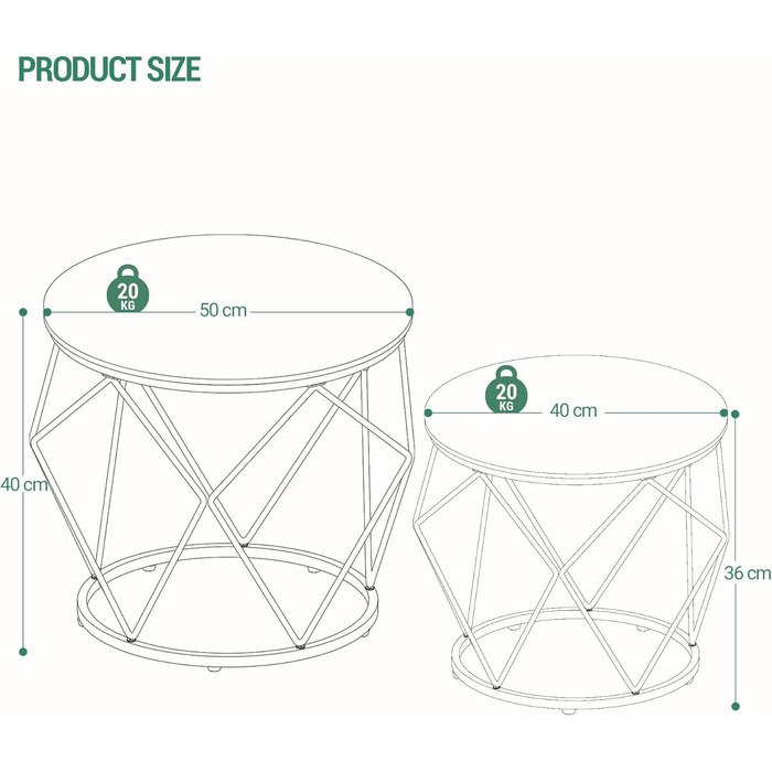 Журнальний столик Hzuaneri круглий, набір з 2-х бічних столиків з металевим каркасом, для вітальні, офісу, 01801GCT (білий)