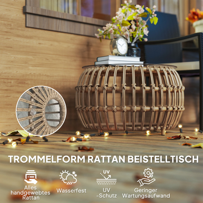 Outsunny Набір з 2 бічних столів Poly Rattan Ø66/42 см Круглий стійкий до погодних умов садовий стіл зі скляною стільницею Відкритий балконний столик Журнальний столик Садові меблі для саду, балкон коричневий