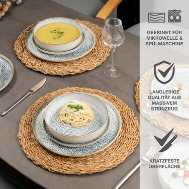 Набір посуду Moritz & Moritz ALHAMBRA на 6 осіб (18 предметів) з високоякісного порцеляну - сучасний сервіз у блакитному кольорі. Включає 6 тарілок, 6 десертних тарілок та 6 салатників. Легкий у догляді.