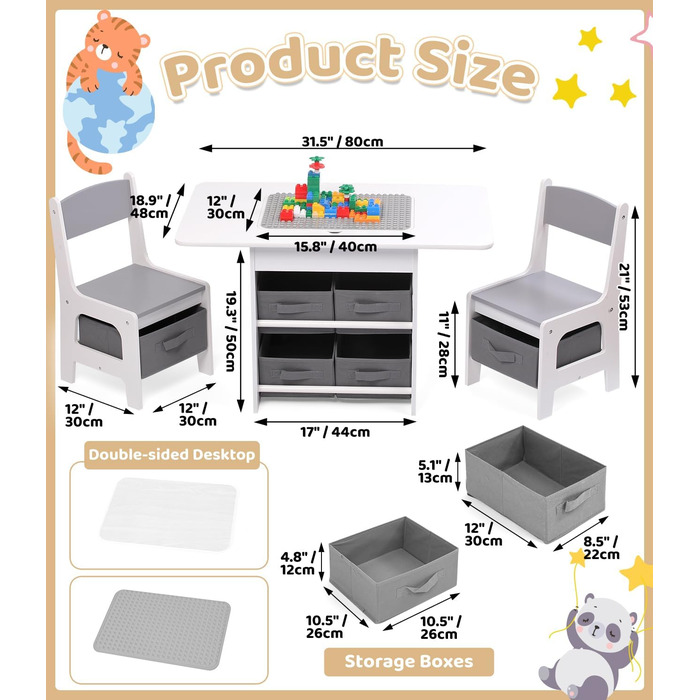 Дитячий стіл зі стільцями, ігровий стіл для дітей з місцем для зберігання. Набір меблів для дитячої кімнати (Сірий)