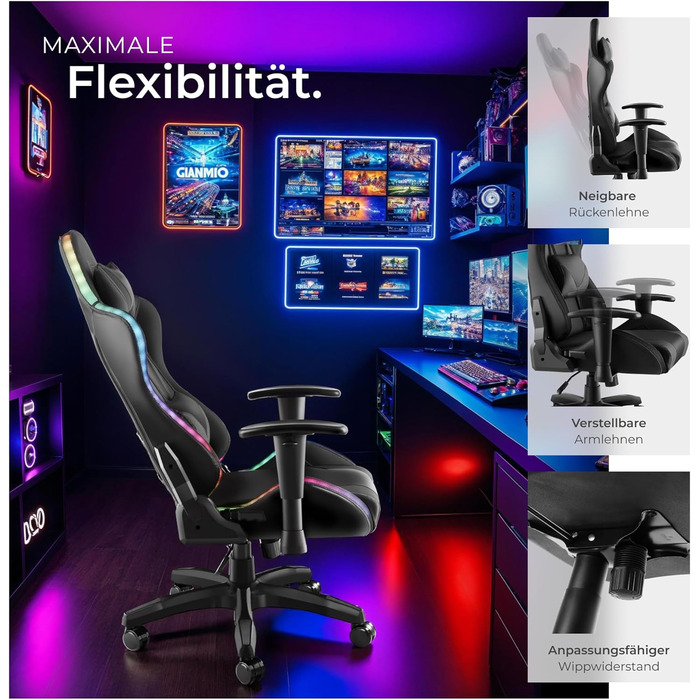 Ігровий крісло Tectake з масажем та LED-підсвіткою, чорний колір. Ергономічний офісний стіл для ігор, крісло для робочого кабінету.