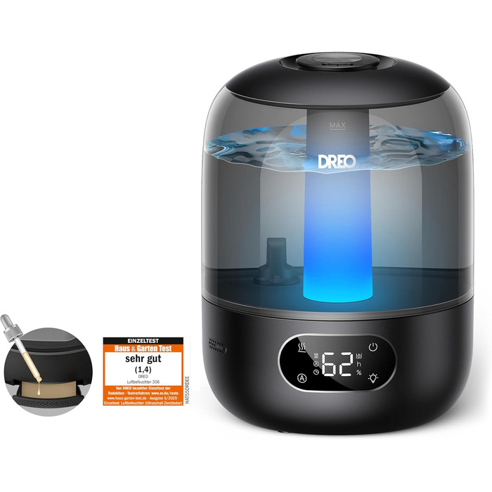 Зволожувач повітря Dreo для спальні, ультразвуковий пристрій холодного туману з 30 годинами роботи, резервуар 3L з верхнім заповненням, датчик вологості, нічне світло для дітей, кімнати, рослин та дому, чорний