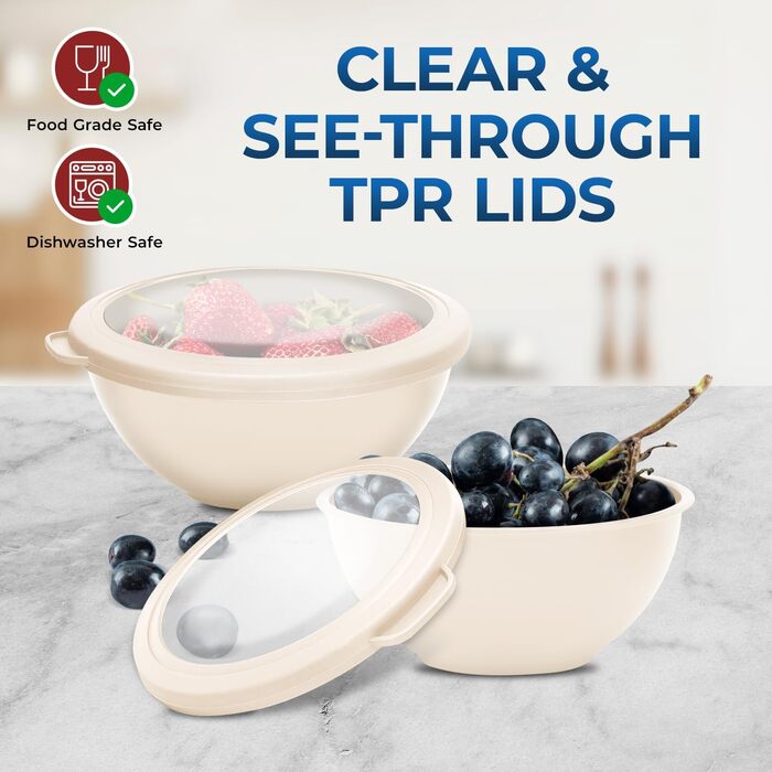 Набір пластикових мисок Bakken Master з кришками (12 шт.) - миски для приготування їжі, BPA-free, для мікрохвильовки, кремового кольору