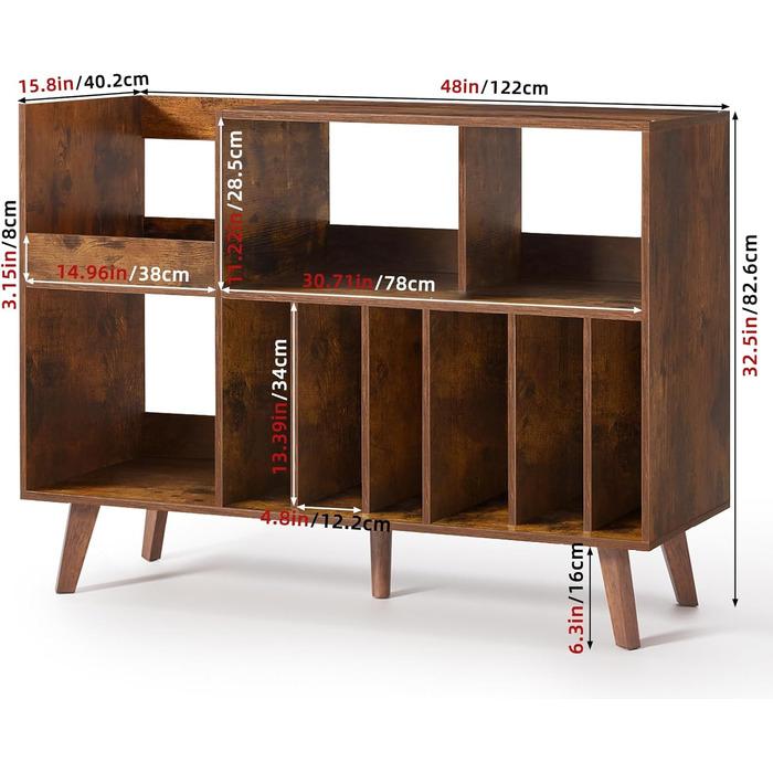 Стійка для платівок з полицями на 450 альбомів, коричнева. Підставка для вінілових платівок для музичної кімнати або вітальні