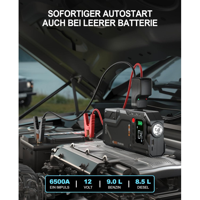 Powerbank з компресором Starthilfe 6500A: автостартер 12V для легкових автомобілів з повітряним насосом, бустер-акумулятор (для 9.0L бензину/8.5L дизеля) з пусковими кабелями, LED ліхтар 500 люмен (чорний), піковий струм 6500A