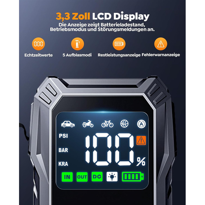 Портативний пусковий пристрій YaberAuto з компресором, 150 PSI, 6000A, 23800mAh, Jump Starter для бензинових та 10.0L дизельних двигунів з LCD-дисплеєм та світлодіодом 500 люмен