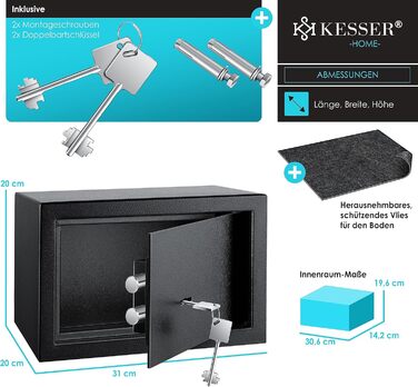 Меблевий сейф KESSER з подвійним замком, 30x20x20см, в т.ч. 2 ключі та гвинти, чорний