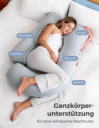 Вагітний подушок Momcozy з кристанового велюру U-подібної форми - подушка для вагітних, для сну на боці (145 см) - знімає напругу з спини та стегон (Світло-сірий, U-подібний)