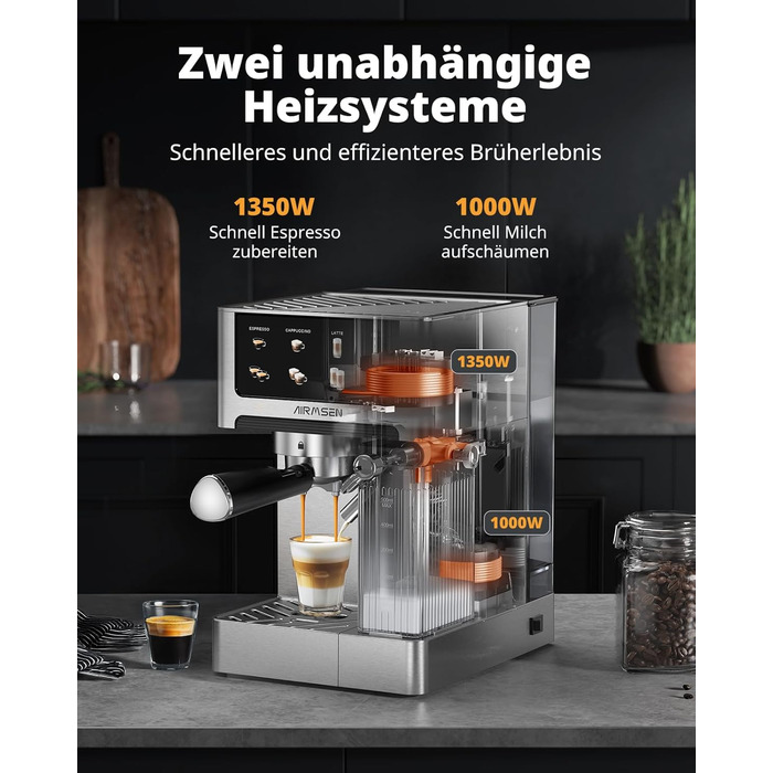 Еспресо-машина Siebträger з подвійним бойлером, 20 Bar, автоматичний спінювач молока, для капучино та лате, нержавіюча сталь, 1.8L бак, сенсорний екран