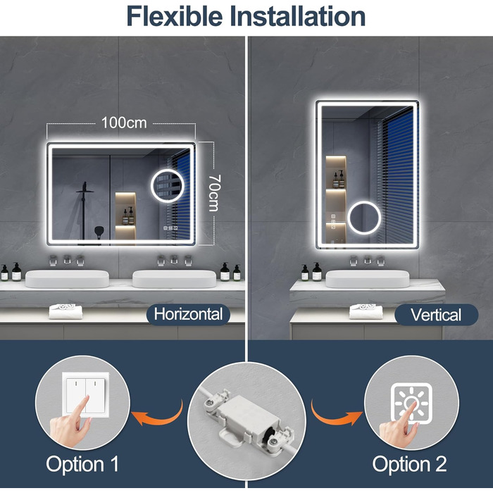 Дзеркало для ванної кімнати S'bagno Bluetooth з підсвічуванням 100x70 см, LED, антизапар, диммер, Bluetooth, HD скло, IP44, горизонтальне/вертикальне