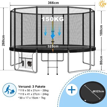 Батут Devoko вуличний 366 см з захисною сіткою, драбиною та м'яким покриттям. Сертифікат GS. Батут для дітей та саду.