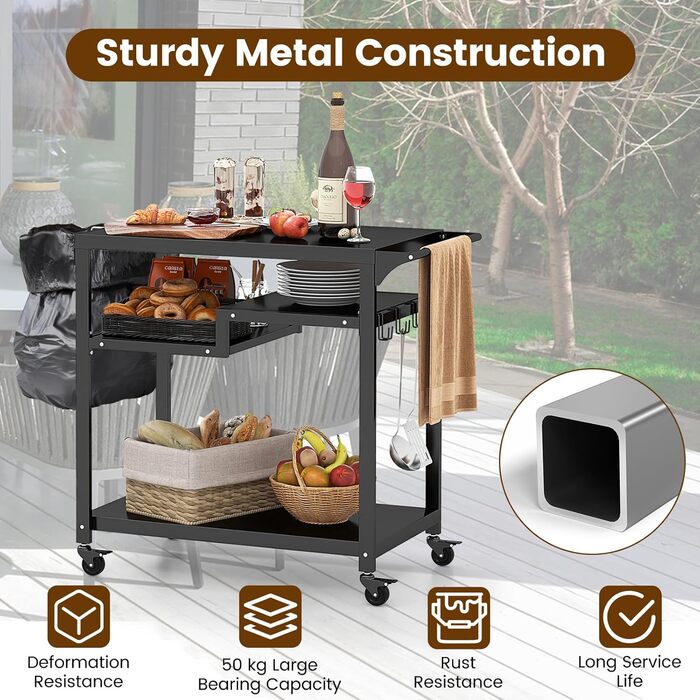 Візок для гриля Komfotteu з металу, садовий візок з робочим столом, 4 полиці та ручка, візок для гриля з 6 гачками та тримачем для сміттєвих пакетів, чорний