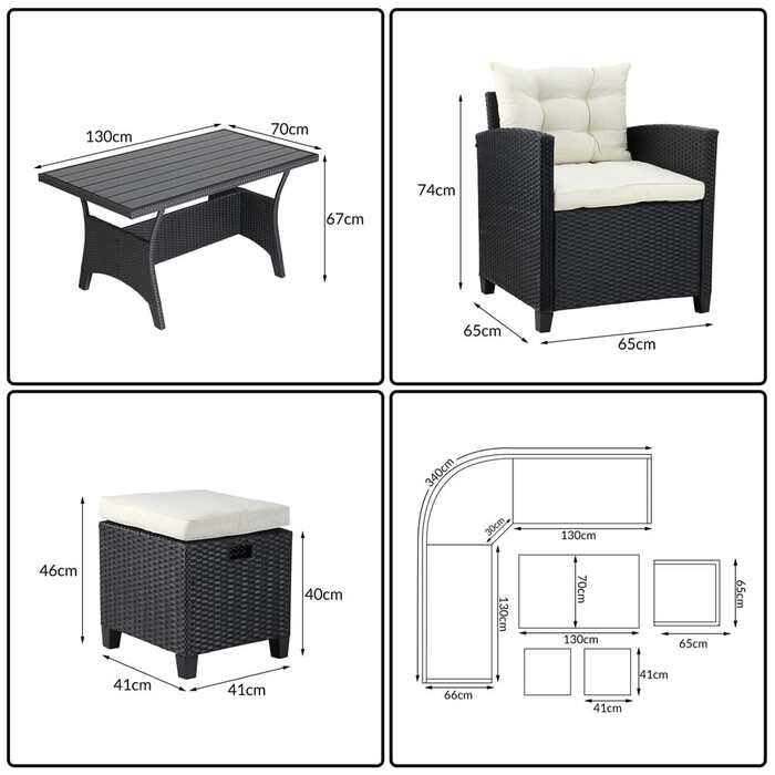 Polyrattan Corner Lounge чорний/кремовий з подушкою
