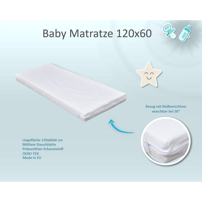 Дитяче ліжко Baby Delux 60x120 біле розкладне молодше ліжко з ящиком, матрацом і мотивом Teddy Rocker