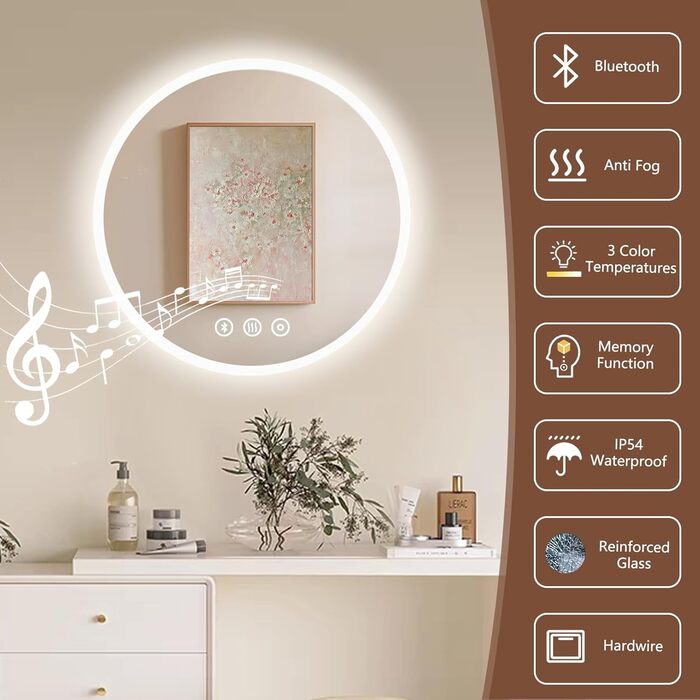 Дзеркало для ванної кімнати Habison з підсвічуванням 70x70 см LED, з годинником, сенсорним вимикачем, регулюванням яскравості, захистом від запотівання, 3-х кратним збільшенням, Bluetooth