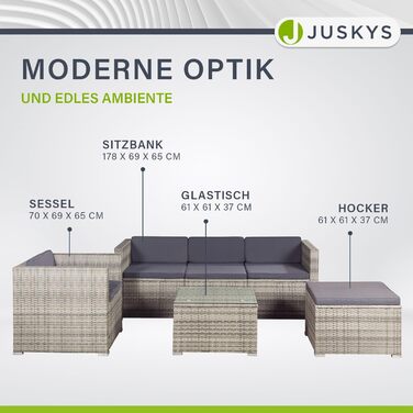 Садовий набір меблів Juskys Polyrattan Punta Cana для 4-5 осіб: диван, крісло, пуф, стіл, подушки - Чорно-сірий (меланж / темно-сірий)