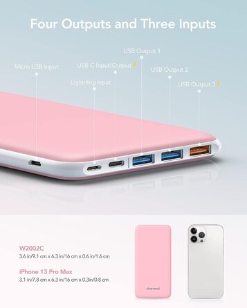 Входи, 4 виходи, сумісний з iPhone, Samsung, Huawei, 26800mAh Power Bank USB C, 3