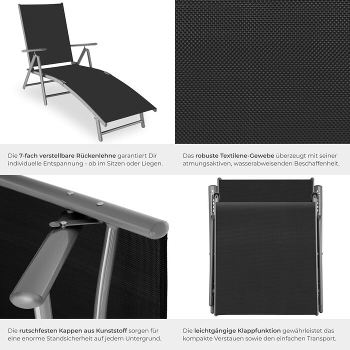 Шезлонг Tectake алюмінієвий, складний, з підлокітниками, регульована спинка, стійкий до погодних умов, для балкона, саду, тераси або кемпінгу - Сріблясто-сірий (Темно-сірий)