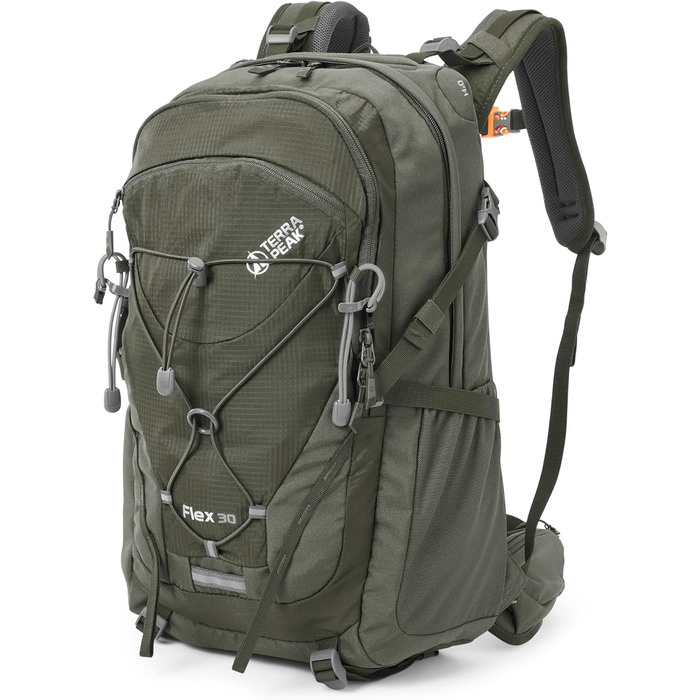 Туристичний рюкзак Terra Peak 30L Flex 30 Premium medium з вентиляцією спини, системою гідратації та дощовиком - Трекінговий рюкзак з дихаючого поліестеру 3D Air Mesh - Вуличний денний рюкзак з поясним ременем 30 літрів оливково-зелений