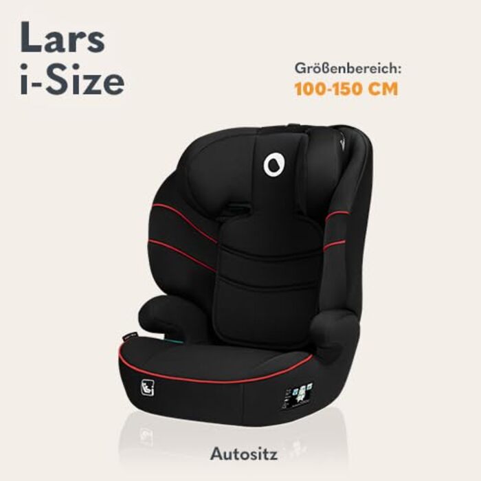 Автокрісло Lionelo Lars i-Size 100–150 см, Група 2/3, чорно-червоне, з регулюванням підголівника та бічними захистом