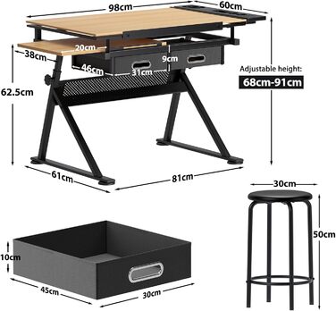 Регульований стіл для малювання та роботи, з хокером та ящиками. Ідеально для техніків, архітекторів та студентів мистецтв