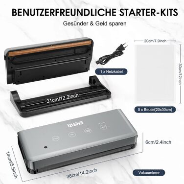 Вакууматор YASHE 5-в-1 з режимами для сухих та вологих продуктів, ширина шва 30 см, для Sous-Vide та консервації м'яса, риби, овочів та фруктів