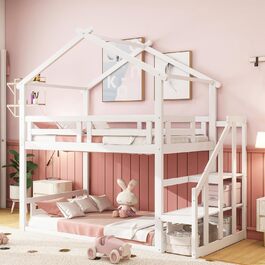 Ліжко-горище Merax 90x200 см, дитяче ліжко-будиночок, дерев'яне двоярусне ліжко із захистом від випадання та рейковим каркасом, універсальне дитяче ліжко з дахом та кутовими сходами, ігрове ліжко для хлопчиків та дівчаток, (90 x 200 см, біле 2-стороннє ліжко)