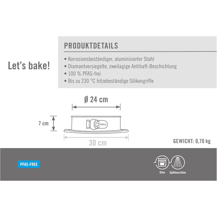 Форма для випічки Woll Springform Ø 26 см – нержавіюча сталь, антипригарне покриття, силіконові ручки, для випічки тортов, сумісна з духовкою, можна мити в посудомийній машині