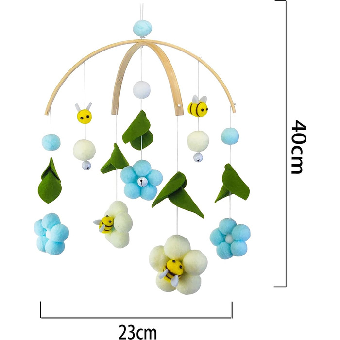 Мобільний дзвіночок EXQULEG для малюків, мобільний дзвіночок з бджолиними квітами і кульками з фетру, дзвіночок для дитячої кімнати, подарунок для новонароджених дівчаток або хлопчиків (Світло-блакитний)