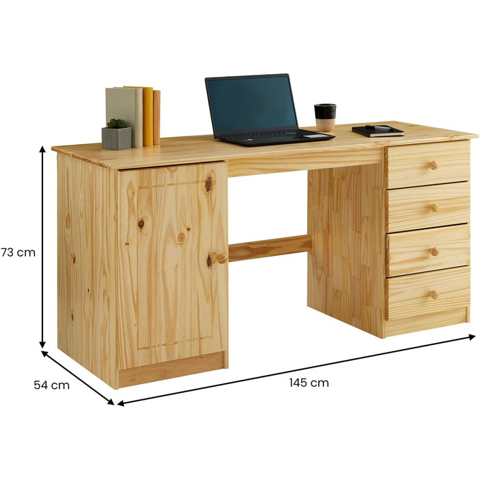Комп'ютерний стіл Письмовий стіл для ПК, масив сосни в натуральному лакованому вигляді з чотирма висувними ящиками