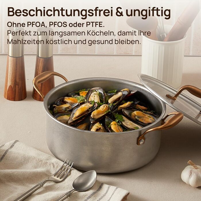 Набір каструль KOKHUB 8 шт. з нержавіючої сталі для індукційних плит, вінтажний набір каструль та сковорідок без покриття, PFOA/PFAS/PTFE-free, набір каструль з кришками для всіх типів плит, безпечний для духовки та мийки