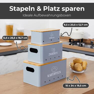 Набір контейнерів для зберігання овочів на кухні 3 шт. – для картоплі, цибулі та часнику з бамбуковими кришками – Набір для зберігання картоплі, цибулі та часнику сірого кольору