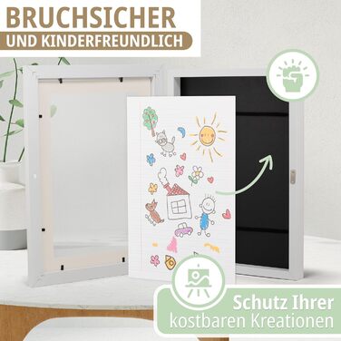 Рамки для дитячих малюнків KIYARI A4, 2 шт., білі, розкладні, з фронтальною відкриттям, для 150 малюнків, міцне дерево, безпечне скло, ідеально для творчих проектів, дитячої кімнати та школи