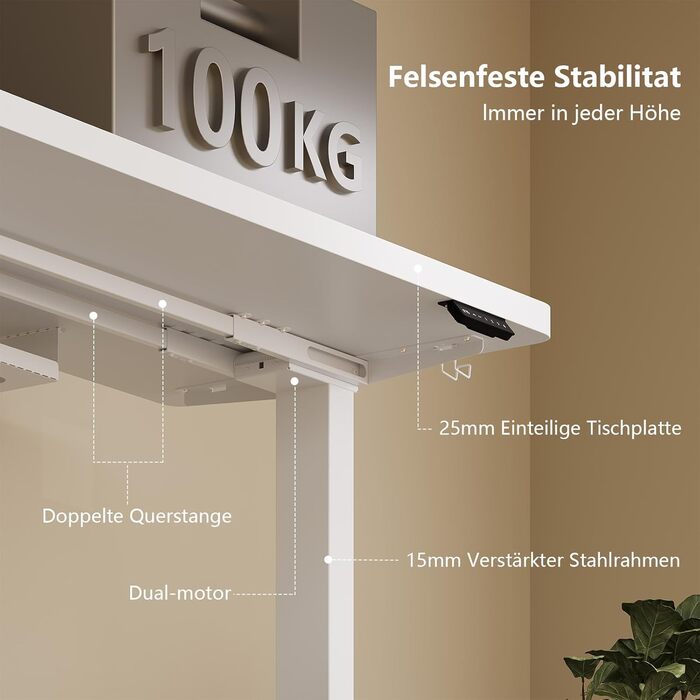 Регульований стіл, 160x80 см, електричний стоячий стіл з подвійним мотором, сенсорна панель, USB-A, кабель-менеджмент, стільниця 25 мм, ергономічний офісний стіл, білий