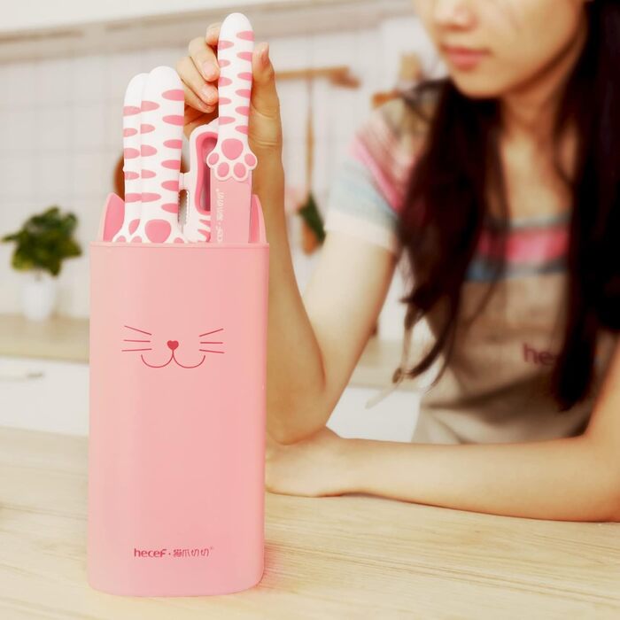 Набір кухонних ножів Hecef: 5 штук у блоці, рожевий, з ручками у формі котів