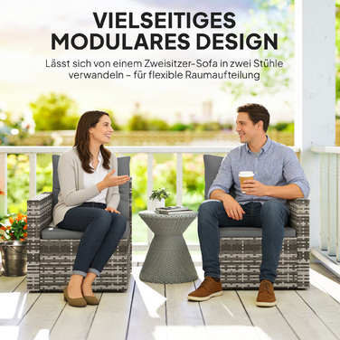 Двомісний ротанговий диван з подушками та відкидними бічними столиками. Ідеальний для відпочинку та створення затишної зони відпочинку. Колір: світло-сірий.