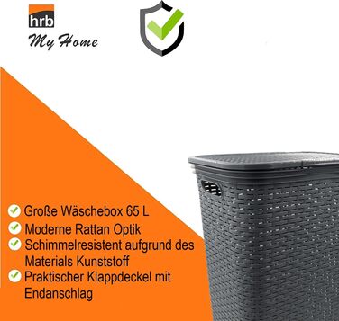 Кошик для білизни HRB ротанг 65 л, пластик, сортувальник білизни з кришкою (антрацит)