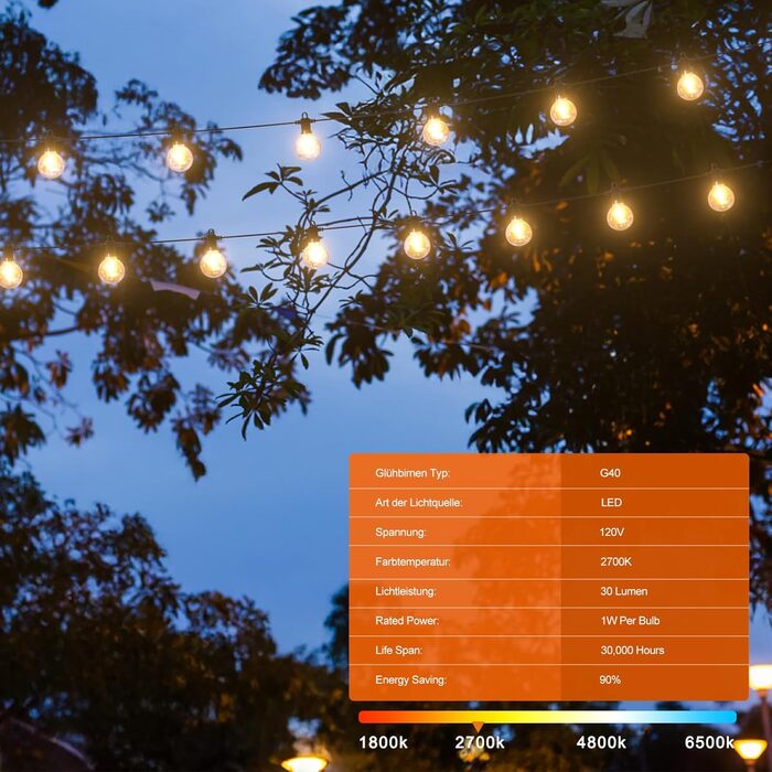 Льо́нтанка Kawaya 10 метрів, LED, для вулиці, 15+1 лампочки, IP65, вологостійка, тепле світло, для балкона, тераси, саду, весілля, заднього двору