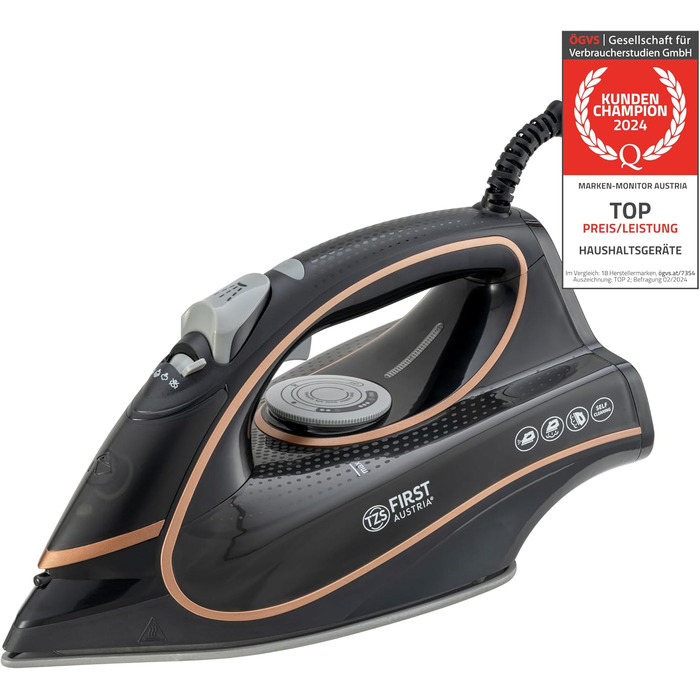 Відпарювач TZS First Austria I 2800-3200W з керамічною підошвою | Самоочищення, вертикальний пар, антинакип, сухе прасування | 0,45л, 1.3кг, білий/мідний