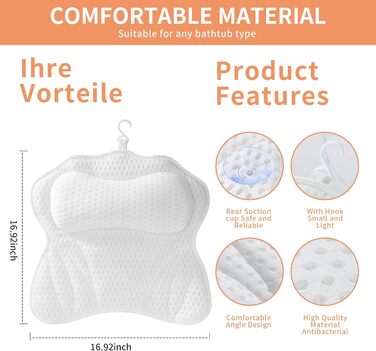 Підголовник для ванни з 6 присосками, 4D-Air Mesh, підтримка голови, шиї, плечей, спини, для всіх ванн (білий)