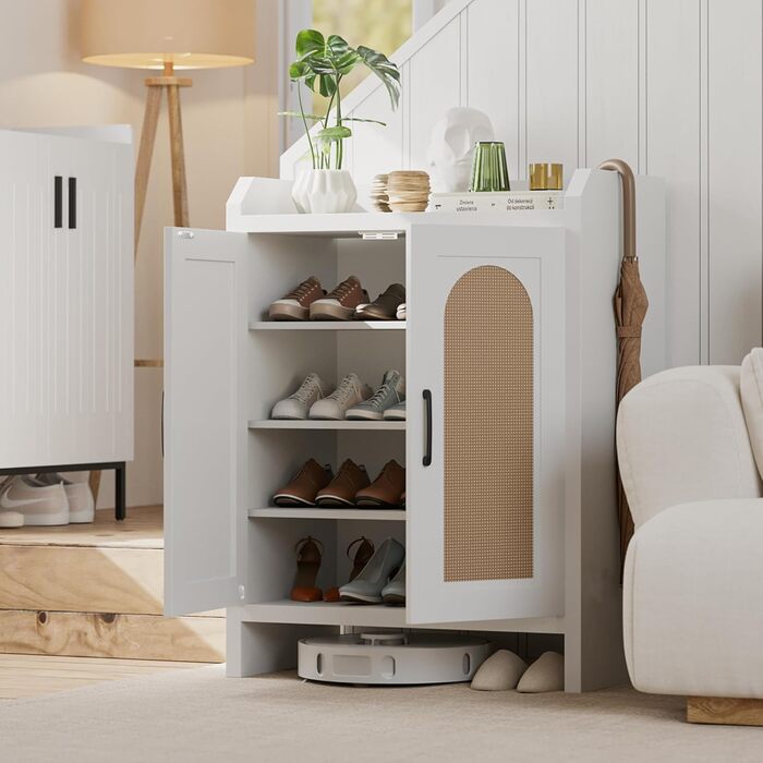 Шафа для взуття 5-ярусна в стилі ф armhouse з 2 дверцятами, вільного стояння з регульованими полицями та металевими кутовими прикрасами для передпокою та коридору, білий колір (ротанг, білий)