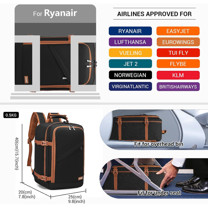 Кабінний рюкзак Kono 40x20x25 см для Ryanair, 20L, мінімалістичний (чорний/коричневий)