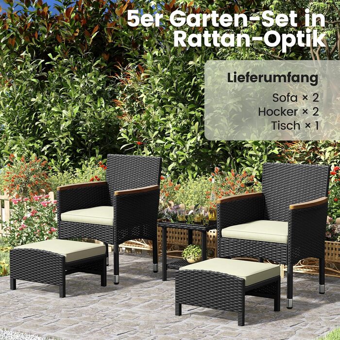 Набір садових меблів Yaheetech з ротангу для балкона та тераси: 2 крісла, 2 пуфи, столик - чорний та бежевий