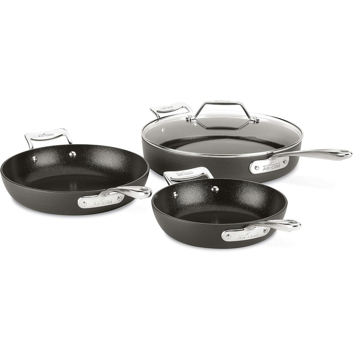 Набір сковорідок All-Clad Essentials, антипригарне покриття, хард-анодований алюміній, 21.6 та 26.7 см, 2 шт., сірий (4-Piece, Set сковорідок)