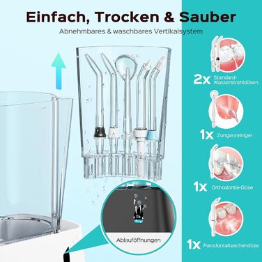 Електрична зубна душ COSLUS Munddusche Professional з 2 режимами та 12 рівнями тиску – 600 мл резервуар для води. Підходить для сімей, ентузіастів орального здоров'я та пацієнтів з ортодонтичними конструкціями. 5 насадок, чорний колір.