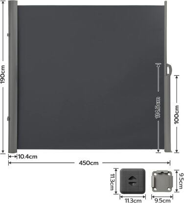 Розсувна бічна маркіза LARMNEE 190x450 см, антрацит, захист від сонця та вітру, щільний екран для балкона, тераси, саду