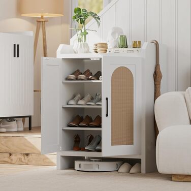 Шафа для взуття 5-ярусна в стилі ф armhouse з 2 дверцятами, вільного стояння з регульованими полицями та металевими кутовими прикрасами для передпокою та коридору, білий колір (ротанг, білий)