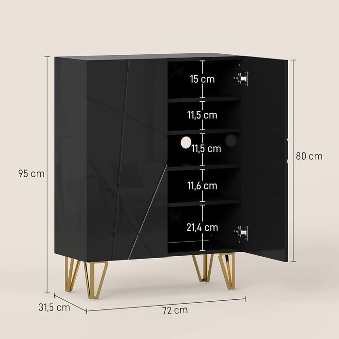 Шафа для взуття HOMCOM з 2 дверцятами, 3 регульовані полиці, на 15-20 пар, чорна, 72 x 31,5 x 95 см