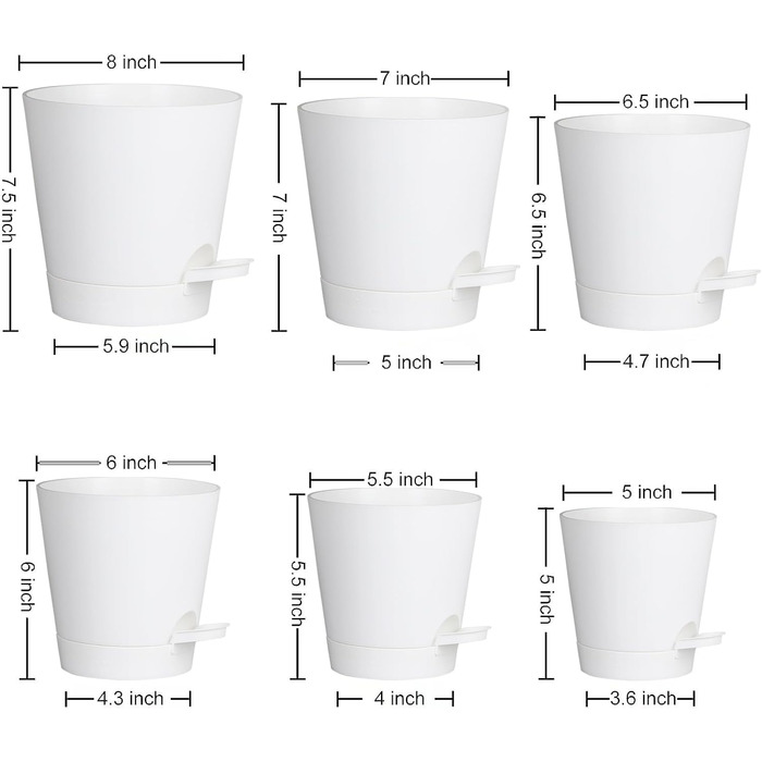 Набір горщиків для квітів Blumentopf 6 шт. з автополивом, чорний/білий, різні розміри (20.3-12.7 см), для дому та балкону