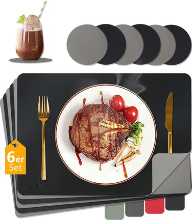 Набір з 6 підкладок під тарілки HELI MIAO, шкіряні, 43x30 см, чорний+сірий